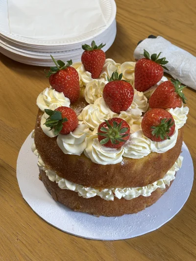 Ann's retirement cake - a Victoria sponge with fresh strawberries and cream.