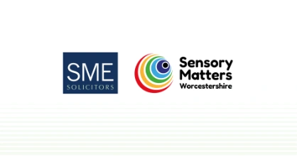 Sensory Matters Worcestershire and SME Solicitors logos placed on a green and white striped background.